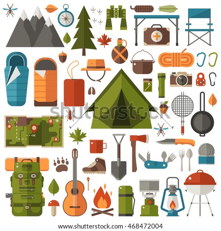 Mountain hike elements. Autumn forest camping set. Hiking equipment and gear vector icon collection. Mountains, tent, binoculars, campfire, barbecue, flashlight, lantern, camera. Tourist camp tools.