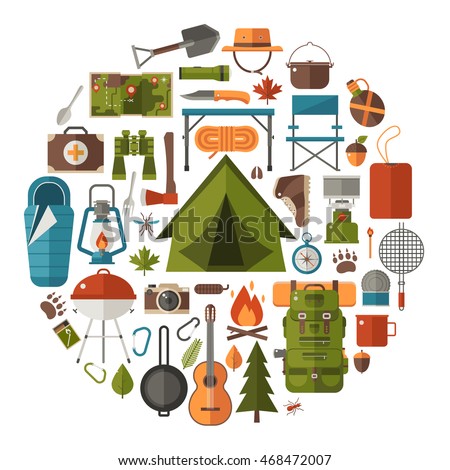 Hiking icons set. Camping equipment vector collection. Binoculars, bowl, barbecue, tourist lantern, shoes, hat, tent, campfire. Base camp gear and accessories. Camping icon set. Hike outdoor elements.