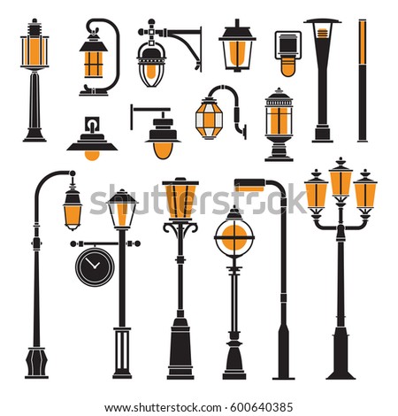 Collection of different street lights and lanterns outline icons. City lamp post and lamp pole silhouettes set in flat design. Modern and retro park lightings vector illustrations.