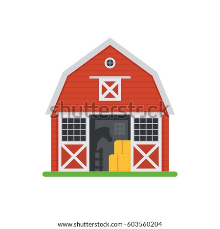 Red horse barn vector illustration. Wooden stables building with opened doors and haystack. Old horse barns isolated on white background.