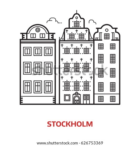 Travel Stockholm landmark icon. Scandinavian houses is one of the famous architectural tourist attractions in capital of Sweden. Thin line Europe Old town vector illustration in outline design.