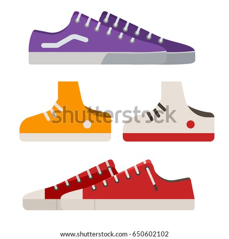 Different sneakers and gumshoes icons in flat design. Casual shoes and boots vector illustration.
