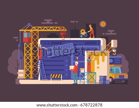 Website under construction concept background in flat design. Maintenance page or 404 error vector illustration with house building site, builders, civil engineer, crane and laptop. Web banner.