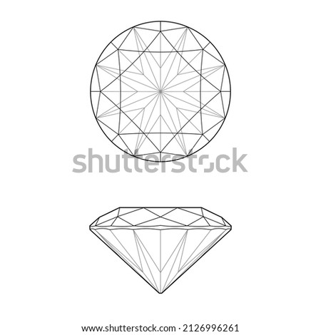 Sketch of a round briliant cut diamond on white background. round diamond cut shape and design diagrams vector illustration, isolated on white background.Diamond line drawing on white background