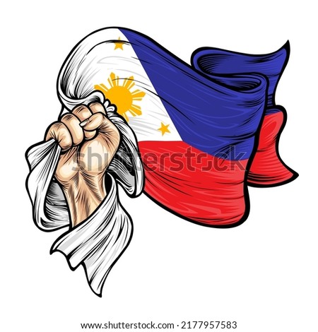 Hand holding and raising the national flag of philippine. Vector of the national flag of philippine