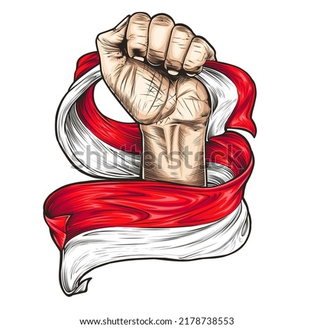 Vector Illustration on the theme indonesian Independence Day. Hands with indonesian flags. hand drawn Vector of the national flag of indonesia
