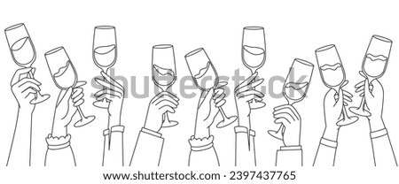 hands hold wine clinking glasses line art vector illustration,continuous drawing contour.Cheers toast festive decoration for new year,holidays,romantic Valentine's Day design. Isolated.Vector