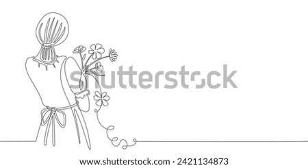Womens day background. Line art vector illustration of a woman with a bouquet of flowers