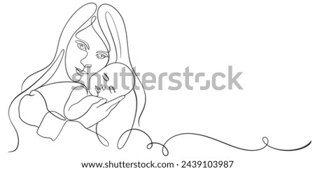 Mother and baby line art. Mom hugs child. Motherhood and newborn concept. Happy mother line vector illustration. Parent loving kid, happy mother day design for card