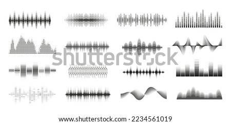 Music sound waves big monochrome set. Console panel. Music audio collection. Electronic radio signal. Equalizer. Free Vector Image