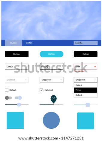 Light Pink, Blue vector ui kit with clouds & stars. Simple Material Design Kit with colorful clouds in header. Simple colorful design for websites.