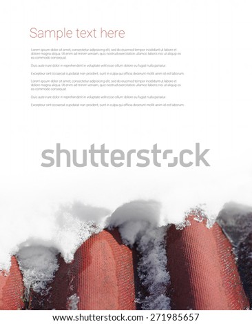 Snow on the roof with white background for text