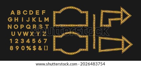 Shiny gold signboard and arrow for autumn fall sale banner. Marque alphabet for night club logo or event badge.