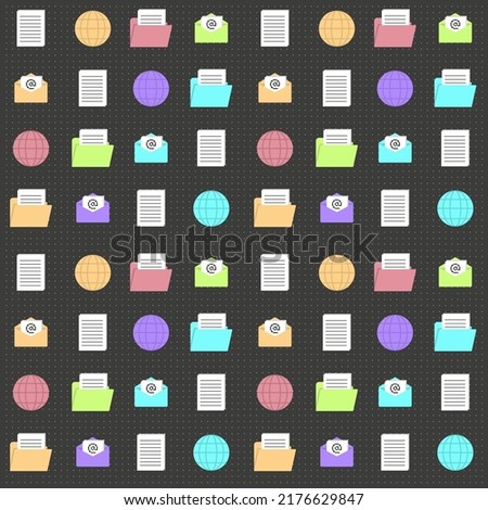 Old PC seamless pattern with text and email icons. Software game geek elements. Technology background. Repeat tile for aged projects. Vaporwave wallpaper from 90s.