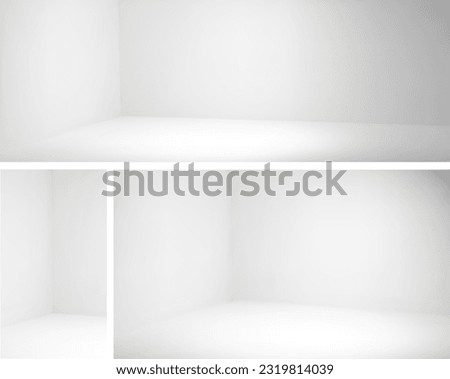Empty wall in white corner room 3d interior set. Panorama studio space inside in perspective view in house. Concrete angle mockup for stories presentation template. Grey clean vertical office scene
