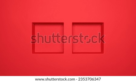 Red 3d square niche shelf wall render vector background. Two recess product podium shoot in studio interior. Modern photography showcase perspective view concept for fashion or beauty advertising