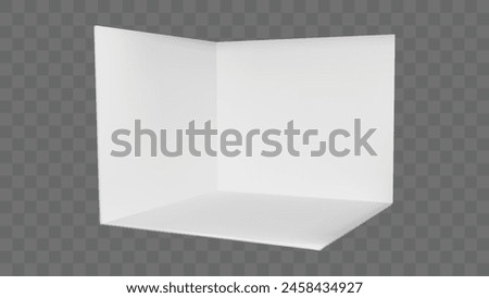 3d white booth stand corner room with wall and floor mockup. Empty display exhibition box interior template. Cube showroom presentation. Expo kiosk panel to exhibit or promotion. Conference stage area