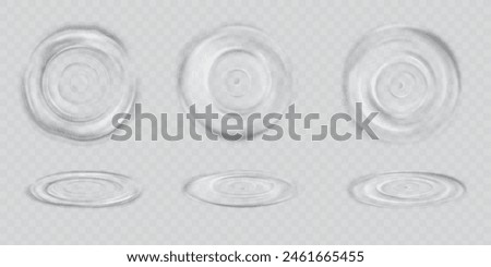 Water drop splash circle wave effect top view. 3d liquid circular puddle surface. Isolated concentric ring graphic set. Side realistic droplet falling in sea. Abstract raindrop ripple different design