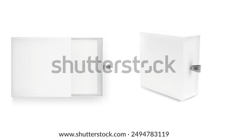 White slide box mockup. Cardboard drawer gift package design set. 3d open and close paper matchbox for retail presentation. Realistic pull or sliding packaging illustration. Top view jewelry case