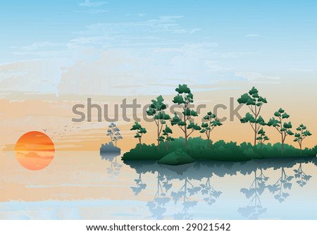 Vector summer northern landscape: the big river, islands and forest. Evening, the orange sun, a sunset.