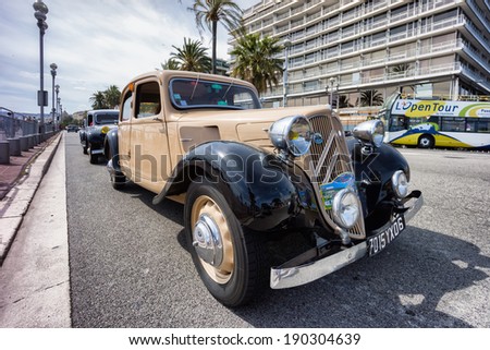 NICE, FRANCE - APRIL 26, 2014: A classic Citroen car during the 11th CitroLevens parade, here on the promenade des angles in Nice.