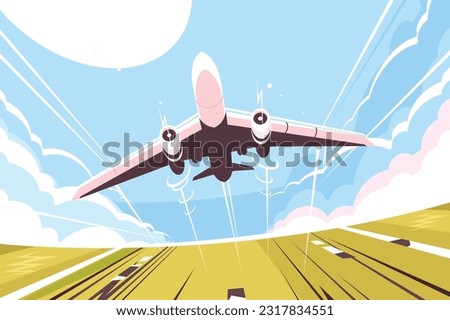 aircraft takeoff, Passenger Plane Takes Off from Runway vector illustration.
