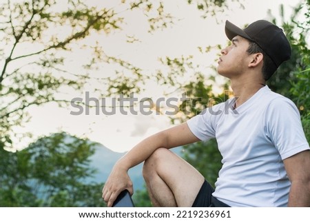 Similar – Image, Stock Photo Serious man admiring mountain in nature