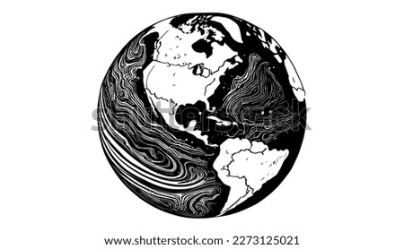 Earth vector black line illustration isolated white. Sketch art
