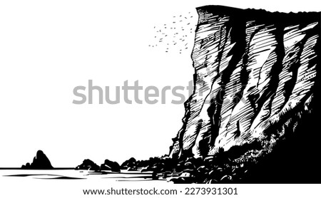 Cliff vector black line illustration isolated white. Sketch art