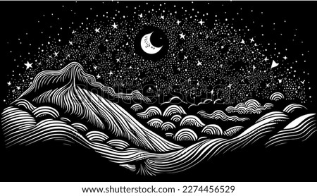 Starry sky vector black line illustration isolated white. Sketch art