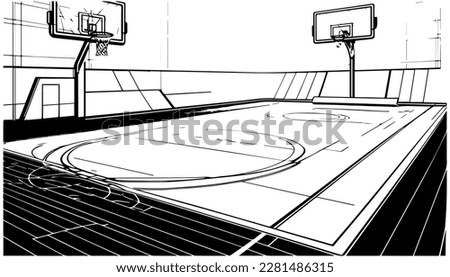 Basketball court vector black line illustration isolated white. Sketch art