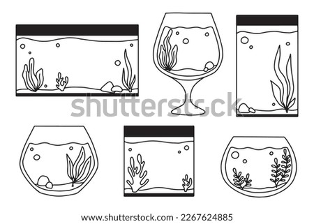 Set of Aquariums. Collection of Aquariums with algae in doodle style. Vector illustration. Empty isolated aquarium in line style.