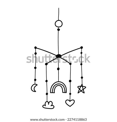 Baby toy mobile. Vector illustration. Doodle style. Linear hanging children toy.