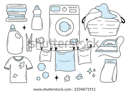 Set of laundry items in doodle style. Linear collection of laundry items. Vector illustration. Isolated elements on a white background.