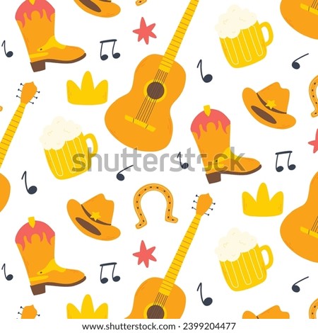 Country music seamless pattern. Wild west vector illustration. Pattern with guitar and hat.