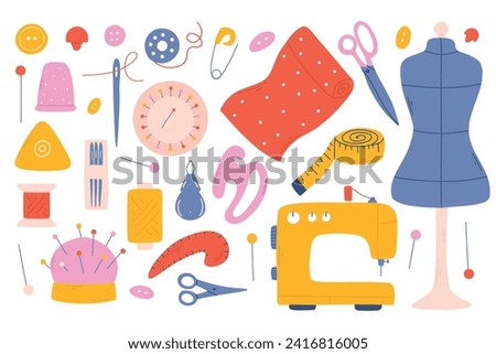 Set of sewing tools. Hand drawn collection of sewing elements. Sewing machine, needle, scissors, thread. Vector illustration isolated on white background.