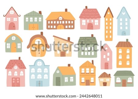 Set of houses in boho style. Vector collection of clip arts with houses in hand-drawn style. Isolated simple houses.