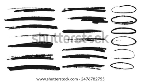 Highlighter collection, brush lines, isolated in white background. Marker yellow set, brush pen hand drawn underline. Vector highlighter graphic stylish element.