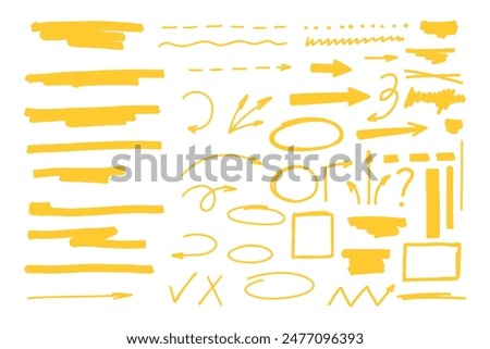 Highlighter collection, brush lines, isolated in white background. Marker yellow set, brush pen hand drawn underline. Vector highlighter graphic stylish element.