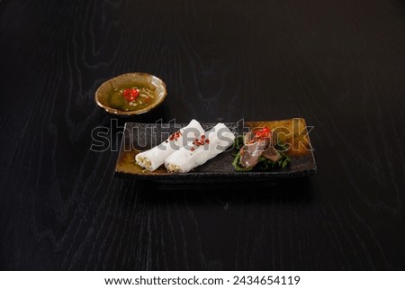 Similar – Image, Stock Photo Banh Uot Long Ga, unique vietnamese dry rice noodles (flat and wide like wet rice cake noodle) dish mixed with herbs and meat, a local delicacy of Da lat Vietnam