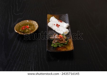 Similar – Image, Stock Photo Banh Uot Long Ga, unique vietnamese dry rice noodles (flat and wide like wet rice cake noodle) dish mixed with herbs and meat, a local delicacy of Da lat Vietnam