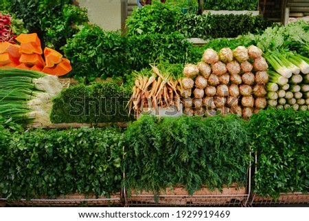 Bazar.Market, shop with herbs. parsley, dill, pumpkin, sorrel, green onion, radish, spinach, arugula. Concept: health and proper nutrition.Salad Сток-фото © 