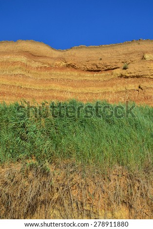 Clay cliffs in the reeds on the Black sea beach, Crimea, sea