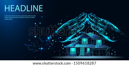 Protecting Hands Over House, Home Security And Protection Concept. Vector illustration. Headline