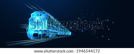 Freight train locomotive with freight, Abstract vector 3d. Isolated on  dark blue background. Transportation, logistics or international shipping concept. Digital polygonal low poly mesh illustration