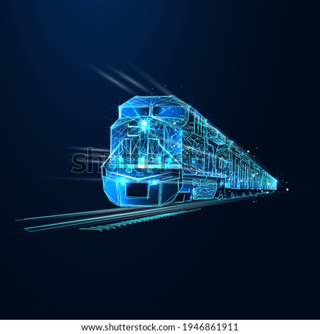 Freight train locomotive with freight, Abstract vector 3d. Isolated on  dark blue background. Transportation, logistics or international shipping concept. Digital polygonal low poly mesh illustration