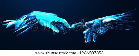 Reaching hands close up detail from The Creation of Adam of Michelangelo fresco detail illustration on the blue background, abstract vector 3d. Digital polygonal low poly mesh illustration
