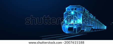 Locomotive. Third party logistics, train, transport, cargo export, import. Integrated warehousing and transportation operation service. Train delivery. Digital polygonal low poly 3dillustration, landi