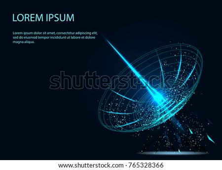 Astronomy. A large satellite dish transmits and receives a signal from space. Equipment for satellite TV and radio broadcasting. Radio signal propagates waves in space. Technological background