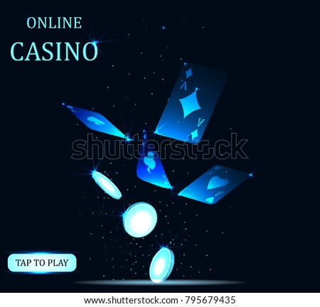 Online Big slots casino banner, tap to play button. Flying coins and poker cards. Screen for game. Vector illustration